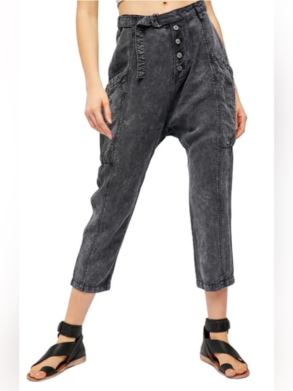 Free People Desert Daze Harem Pants Washed Black Drop Crotch Utility Crop Denim